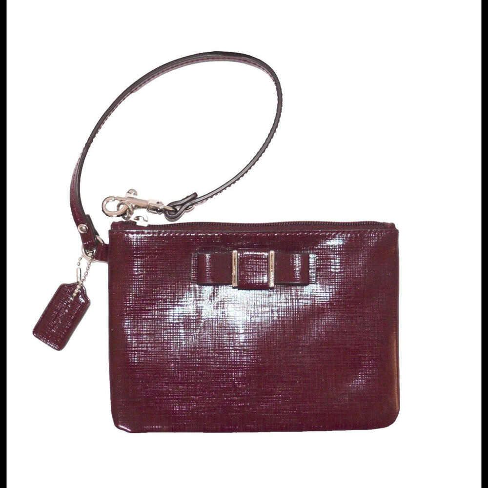 Coach Darcy Wristlet Sherry Wine Patent Leather Bow Credit Card Zip Wallet
